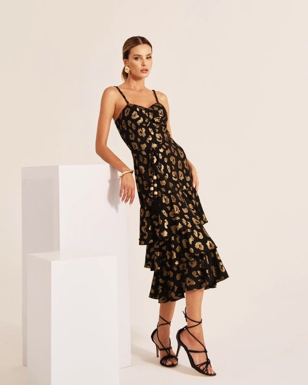 Vestido Chiffon Foil Animal Print Dourado