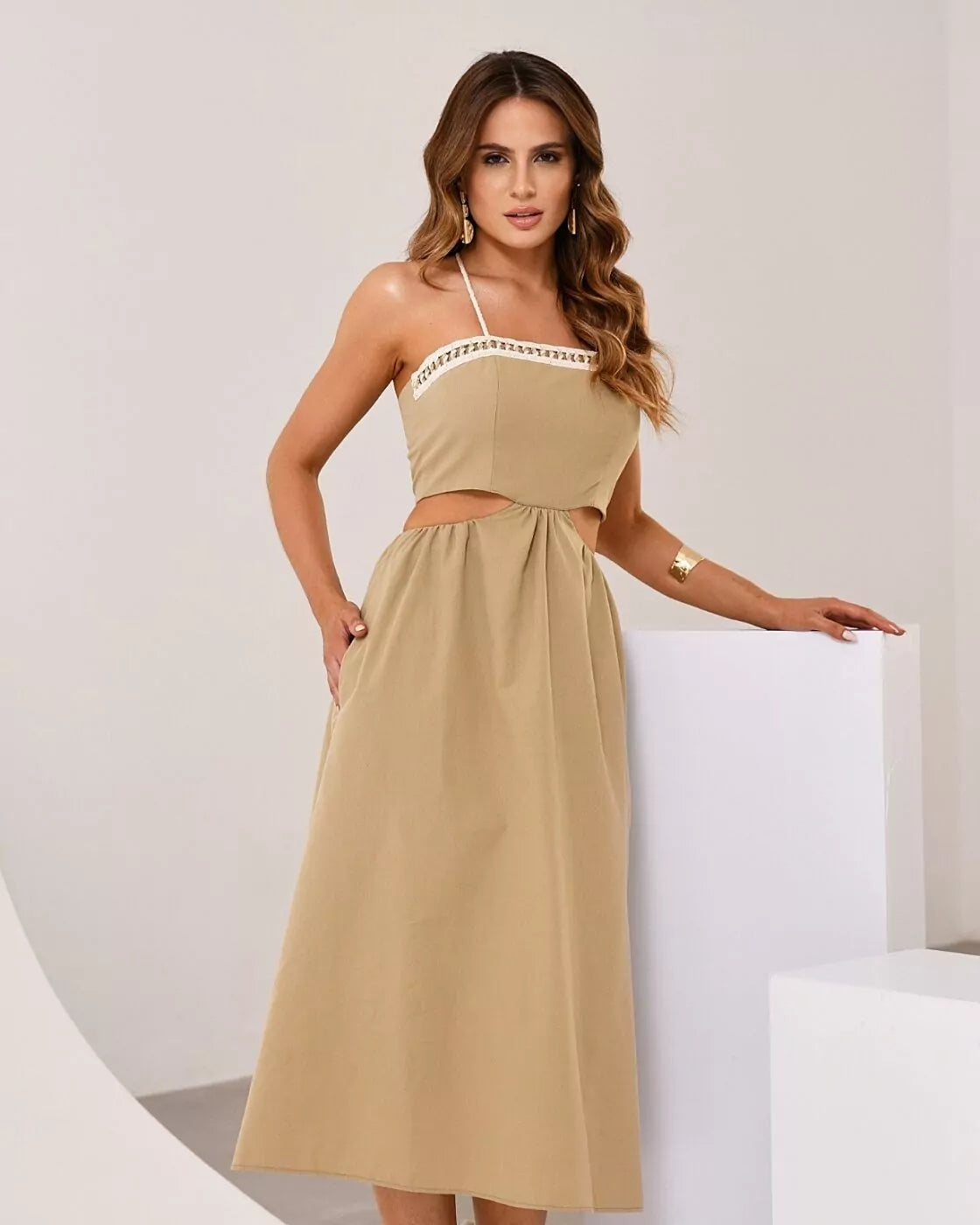Vestido Midi Algodão Tricoline com alça Barbante