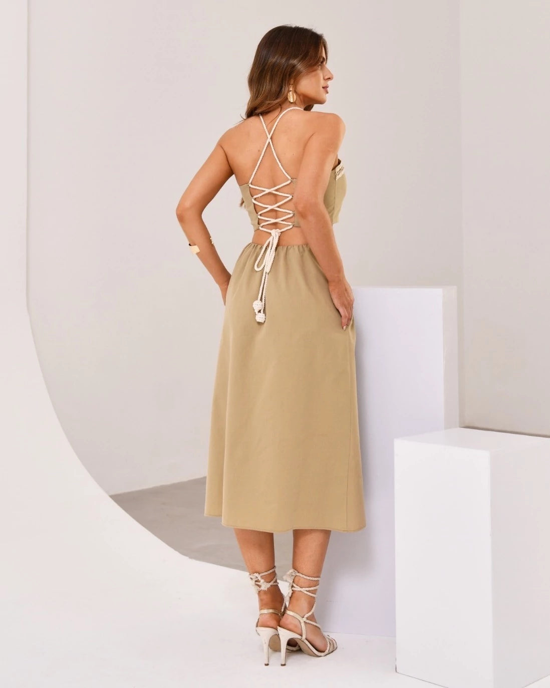 Vestido Midi Algodão Tricoline com alça Barbante