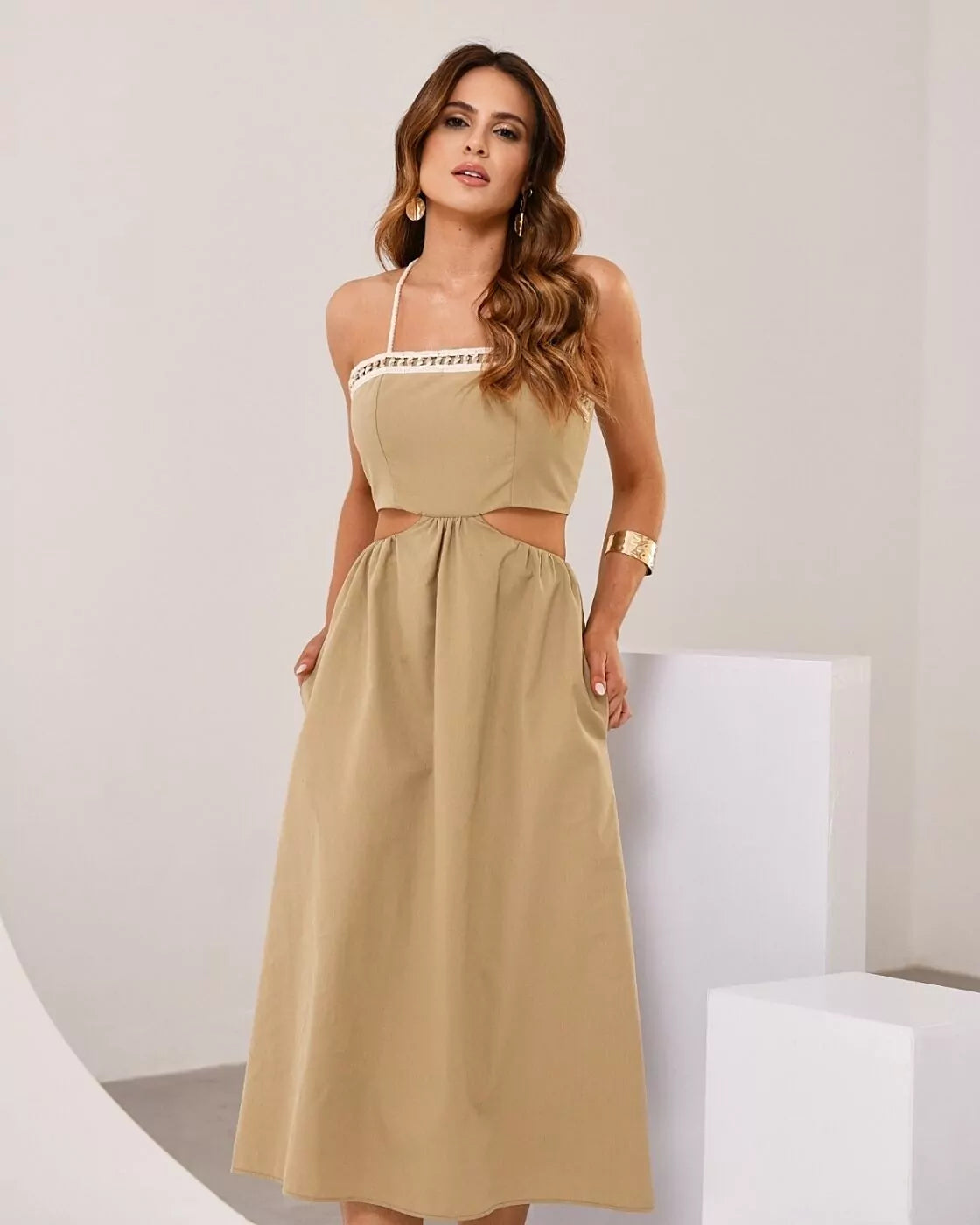 Vestido Midi Algodão Tricoline com alça Barbante