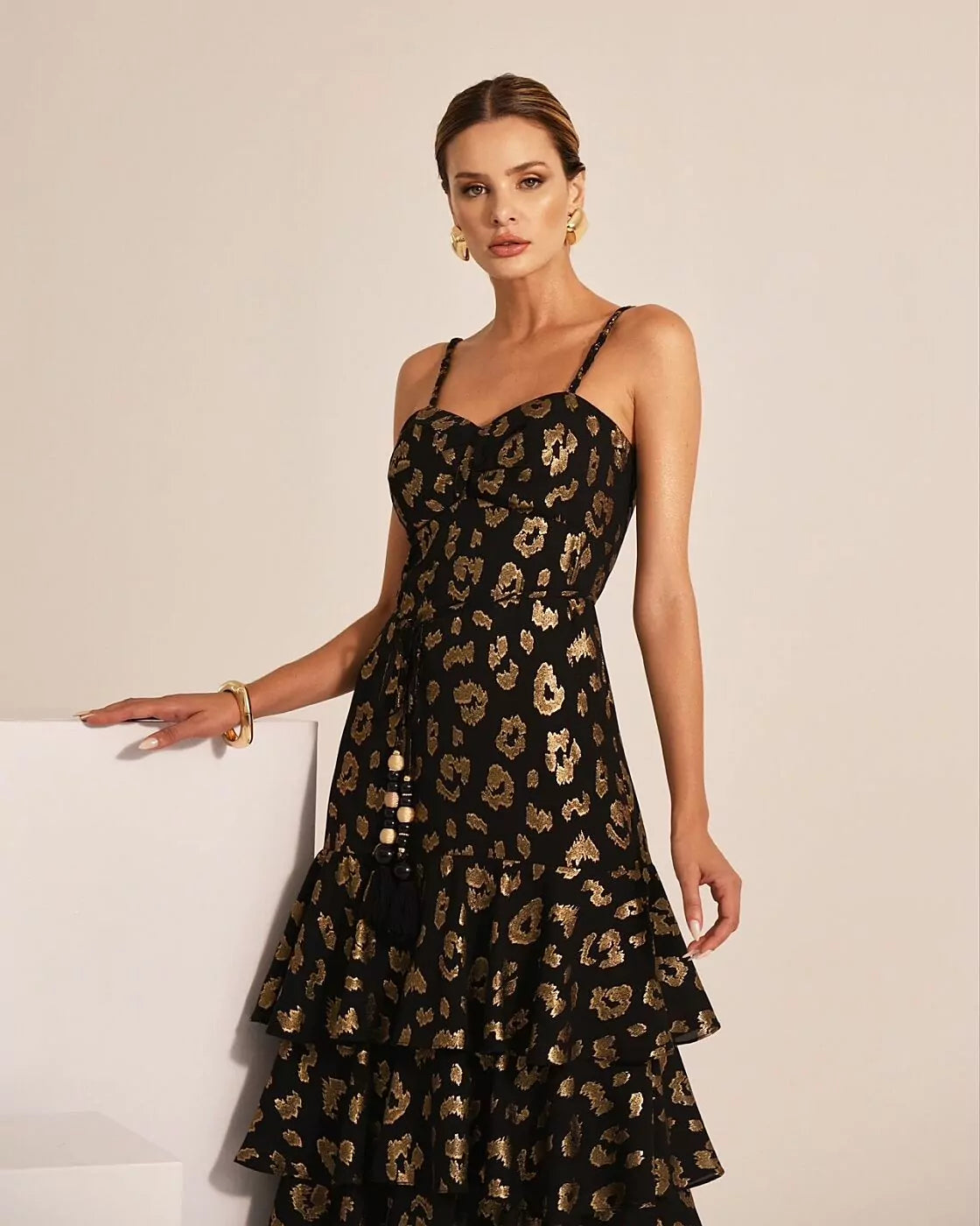 Vestido Chiffon Foil Animal Print Dourado