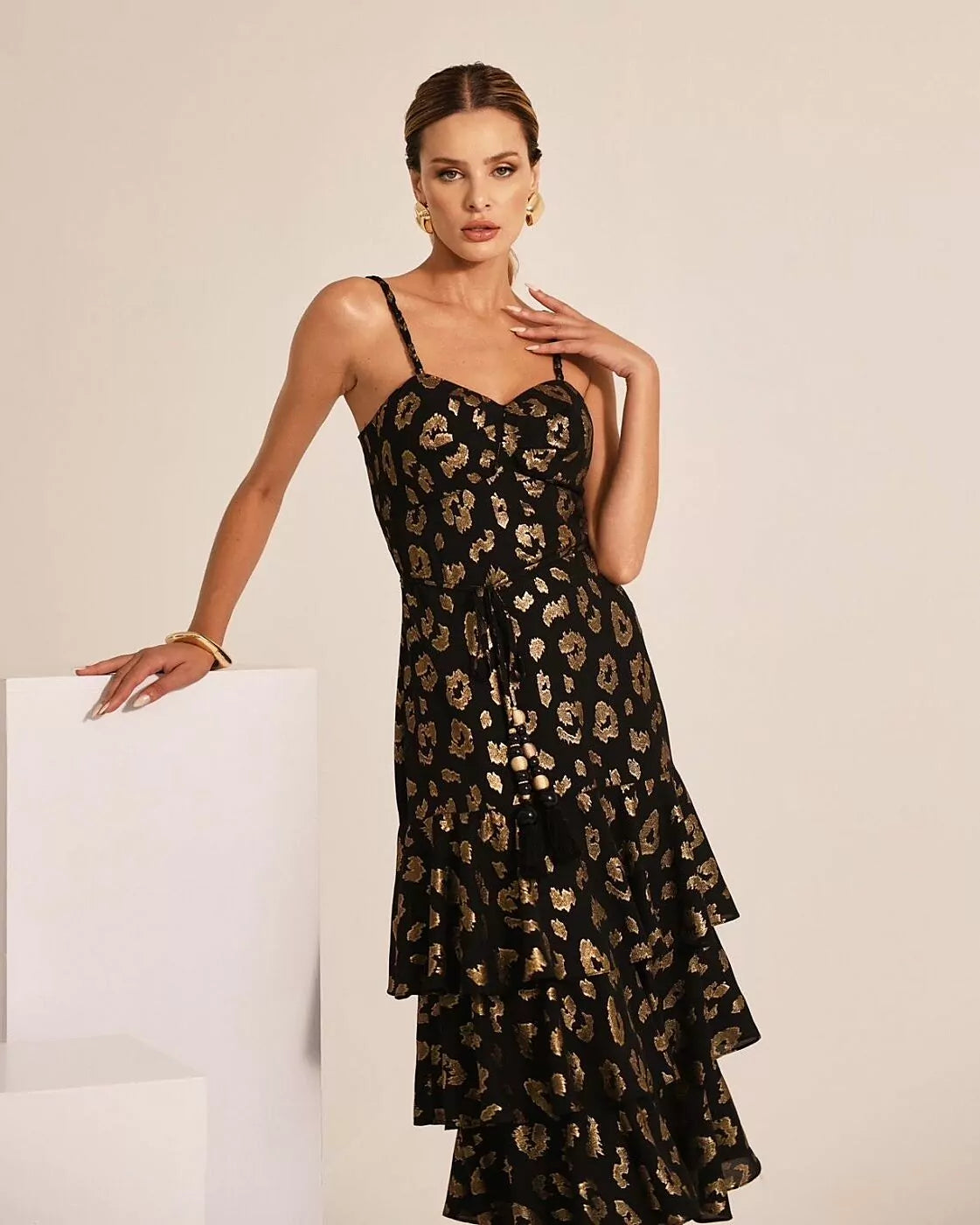 Vestido Chiffon Foil Animal Print Dourado