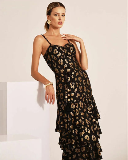 Vestido Chiffon Foil Animal Print Dourado